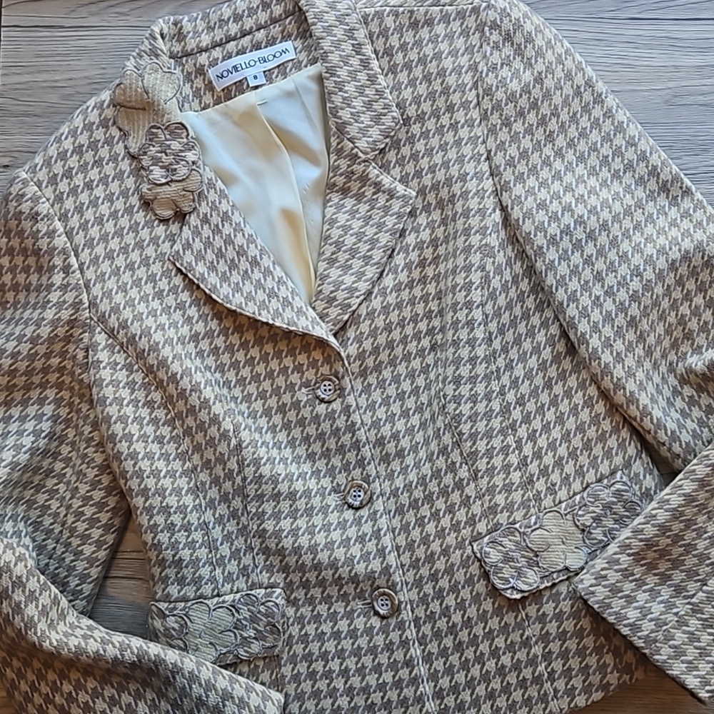 Noviello Bloom Vintage Academia Beige Tan Floral Houndstooth Wool Blazer 8